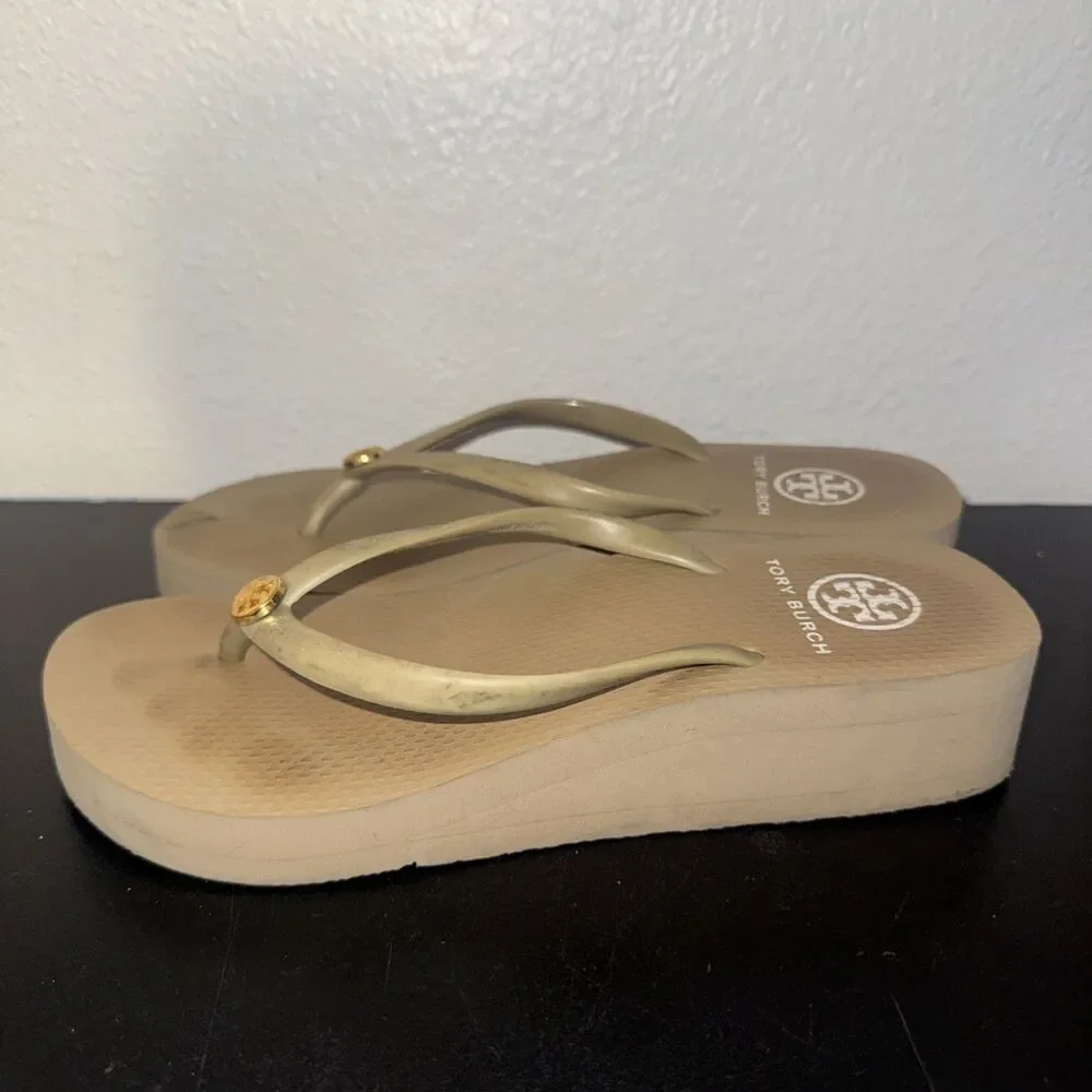 Tory Burch Logo Platform Wedge Flip Flop Sandals Women 7.5 Beige Thong Beach